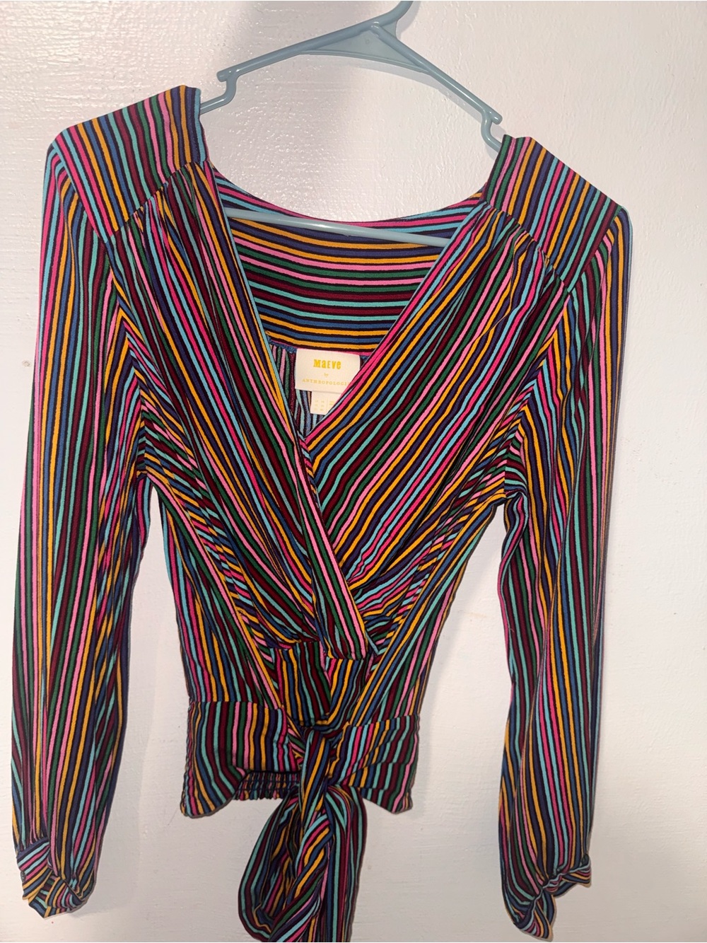 Anthropologie Multi-Stripe Wrap Blouse in Black, Pink, Yellow, Blue